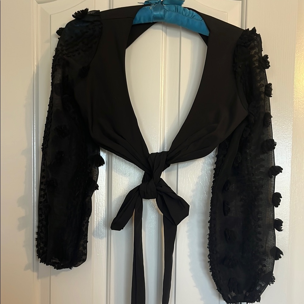 Black Sheer Sleeve Tie-Front Top